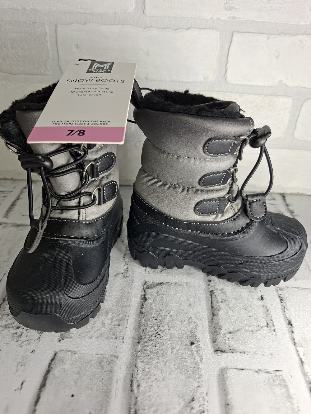 Kids Gray and Black Insulated Snow Boots with Faux Fur Lining